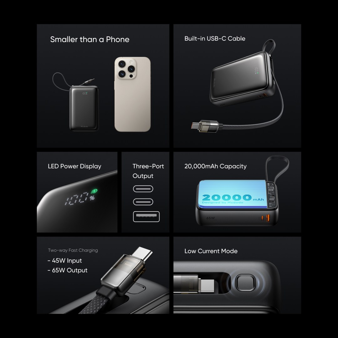 عکس پاوربانک 65 وات مک دودو مدل MC-637 ظرفیت 20000mAh با کابل جمع شونده پاوربانک 65 وات مک دودو مدل MC-637 ظرفیت 20000 میلی آمپر ساعت