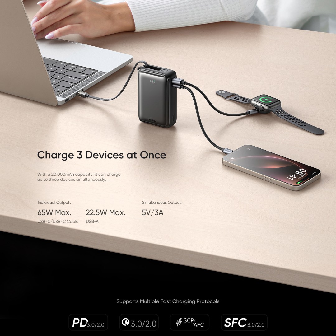عکس پاوربانک 65 وات مک دودو مدل MC-637 ظرفیت 20000mAh با کابل جمع شونده پاوربانک 65 وات مک دودو مدل MC-637 ظرفیت 20000 میلی آمپر ساعت مناسب برای شارژ چند دستگاه