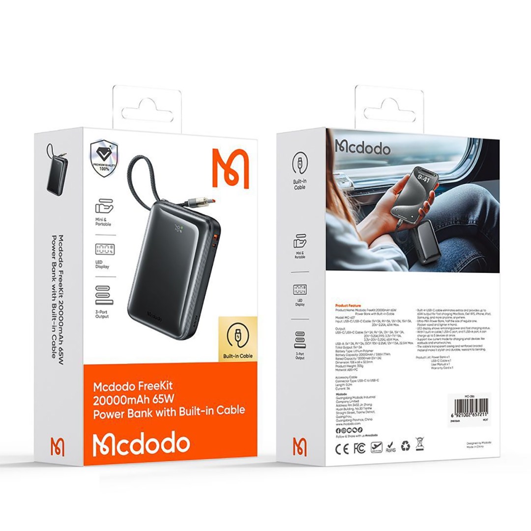 عکس پاوربانک 65 وات مک دودو مدل MC-637 ظرفیت 20000mAh با کابل جمع شونده پاوربانک 65 وات مک دودو مدل MC-637 ظرفیت 20000 میلی آمپر ساعت