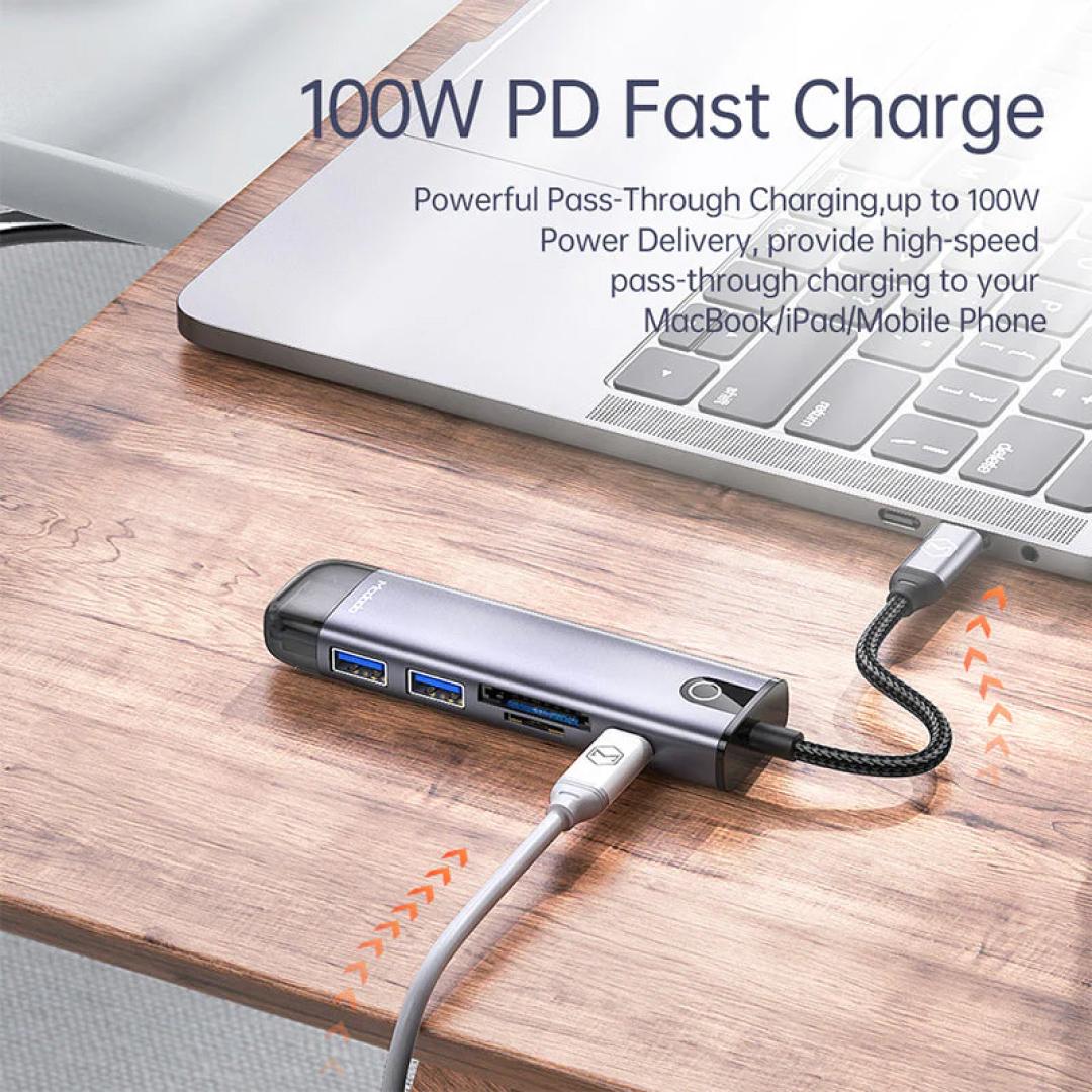 عکس هاب 6 پورت تایپ سی 100 وات مک دودو مدل Mcdodo HU-774 قابلیت پاور دلیوری در MCDODO HU-774 6 In 1 USB-C Hub