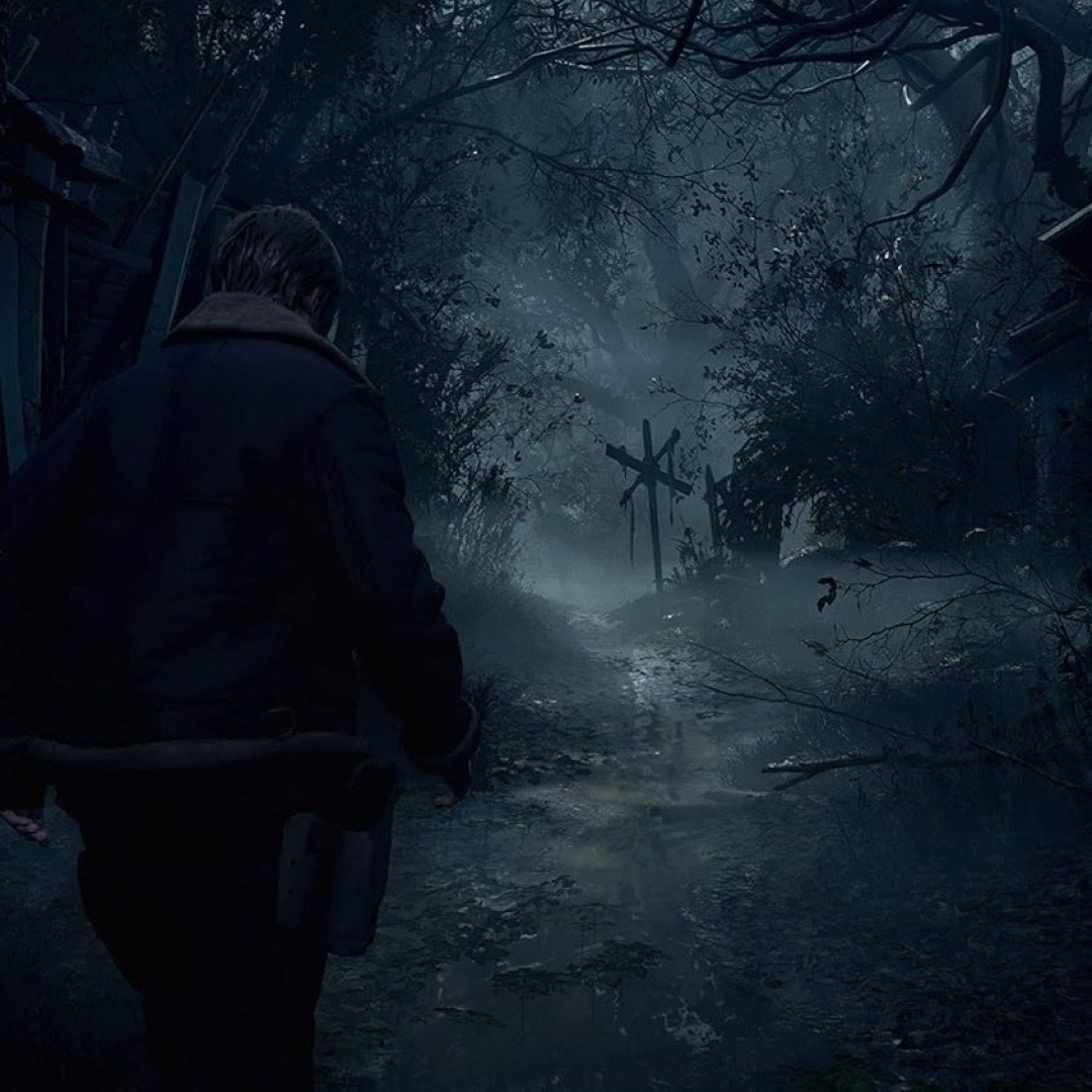 عکس بازی Resident Evil 4 Remake مخصوص PlayStation 5 عکس شخصیت اصلی بازی Resident Evil 4 Remake مخصوص PlayStation 5 از پشت در جنگل