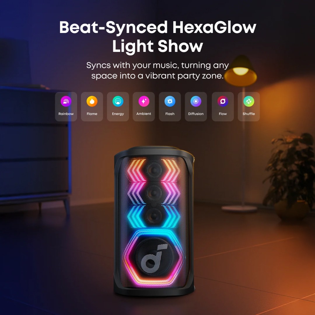 عکس اسپیکر بلوتوثی قابل حمل 200 وات انکر مدل Soundcore Rave 3S با 2 میکروفون اسپیکر بلوتوثی قابل حمل 200 وات انکر مدل Soundcore Rave 3S با 2 میکروفون با نورپردازی جذاب