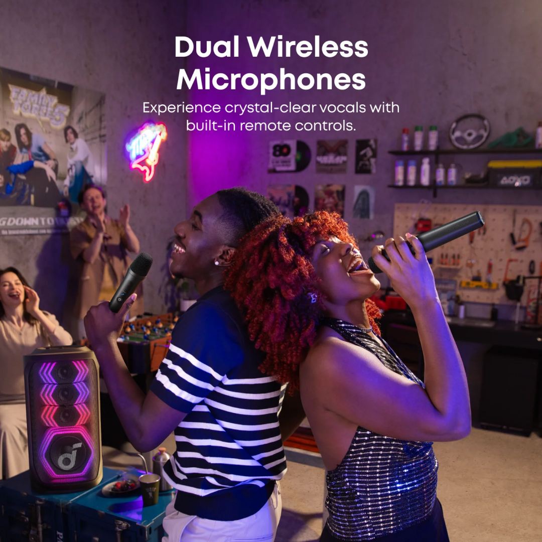عکس اسپیکر بلوتوثی قابل حمل 200 وات انکر مدل Soundcore Rave 3S با 2 میکروفون اجرای دو نفره اسپیکر بلوتوثی قابل حمل 200 وات انکر مدل Soundcore Rave 3S با 2 میکروفون