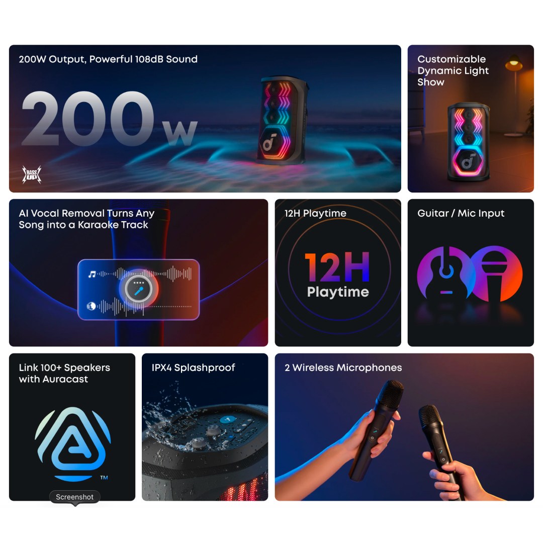 عکس اسپیکر بلوتوثی قابل حمل 200 وات انکر مدل Soundcore Rave 3S با 2 میکروفون مشخصات فنی اسپیکر بلوتوثی قابل حمل 200 وات انکر مدل Soundcore Rave 3S با 2 میکروفون