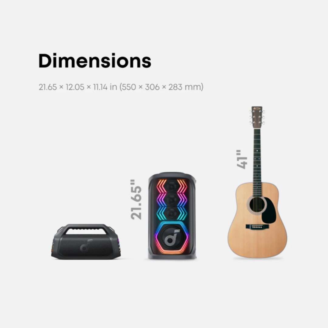 عکس اسپیکر بلوتوثی قابل حمل 200 وات انکر مدل Soundcore Rave 3S با 2 میکروفون سایز به نسبت گیتار اسپیکر بلوتوثی قابل حمل 200 وات انکر مدل Soundcore Rave 3S با 2 میکروفون