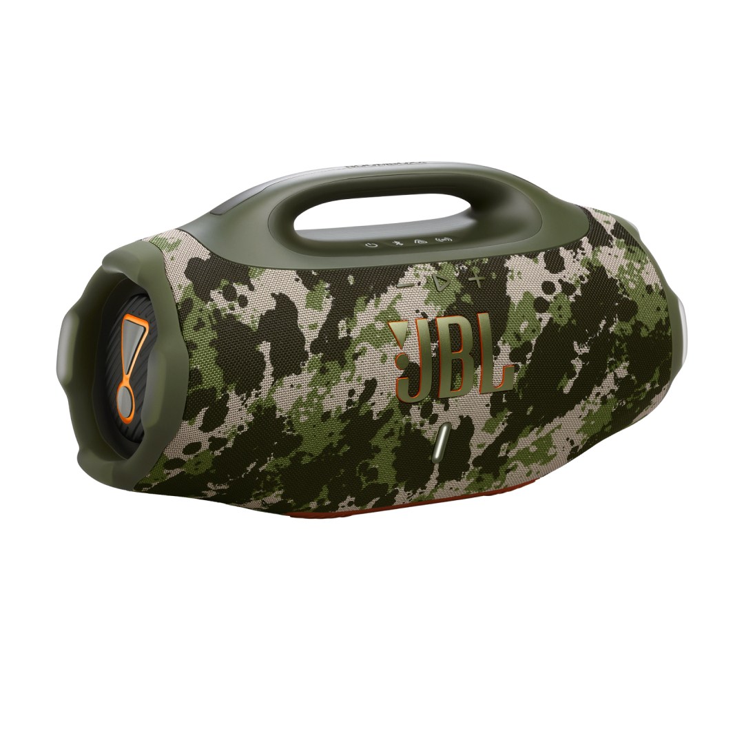 عکس اسپیکر بلوتوثی قابل حمل جی بی ال مدل Boombox 4 JBL Boombox 4 Portable Bluetooth Speaker رنگ ارتشی از جلو و سه رخ