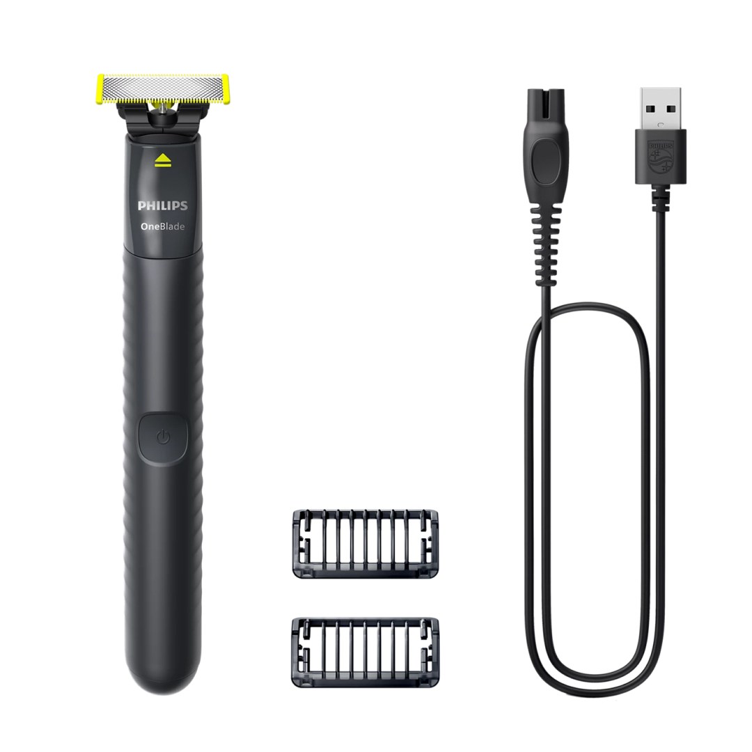 عکس ماشین اصلاح شارژی موی صورت فیلیپس مدل OneBlade QP1424/10 اقلام همراه ماشین اصلاح فیلیپس QP1424/10 شامل دو شانه اصلاح و کابل USB