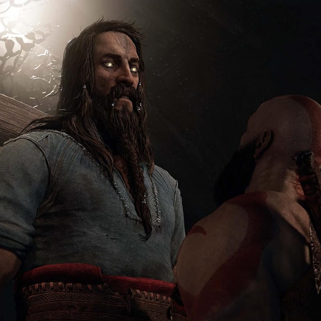 عکس بازی God of War Ragnarök مخصوص PlayStation 5 مردی با ریش بلند در مقابل شخصیت اصلی بازی گاد آف وار