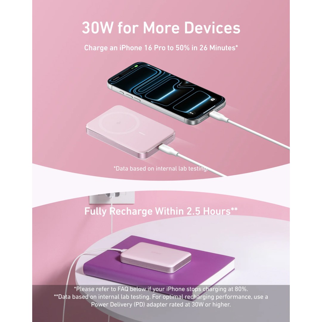 عکس پاوربانک مگنتی 15 وات و شارژ سریع 30 وات انکر MagGo A1664 ظرفیت 10000mAh پاوربانک شارژ سریع 30 وات انکر MagGo A1664 ظرفیت 10000mAh - 50 درصد شارژ آیفون 16 در 26 دقیقه
