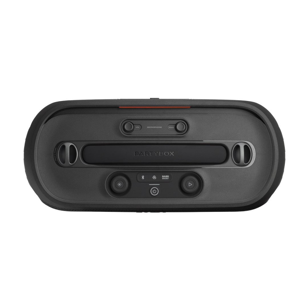 عکس اسپیکر بلوتوثی قابل حمل جی بی ال PartyBox On the Go 2 با یک میکروفون اسپیکر بلوتوثی قابل حمل جی بی ال PartyBox On the Go 2 از زاویه بالا و دکمهها