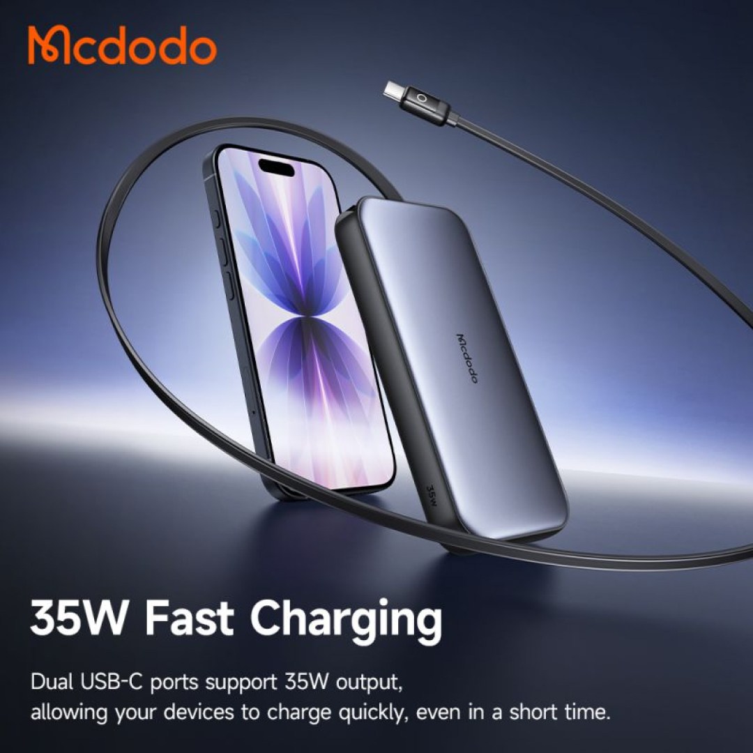 عکس پاوربانک 35 وات مک دودو مدل MC-0730 ظرفیت 10000mAh با کابل جمع شونده پاوربانک 35 وات مک دودو مدل MC-0730 ظرفیت 10000mAh با کابل متصل