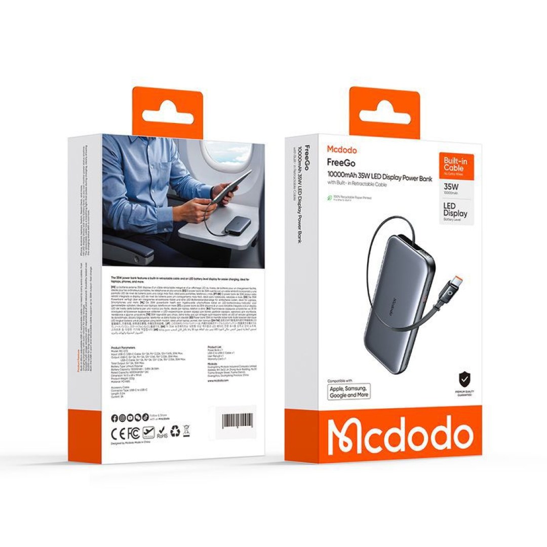 عکس پاوربانک 35 وات مک دودو مدل MC-0730 ظرفیت 10000mAh با کابل جمع شونده جعبه پاوربانک 35 وات مک دودو مدل MC-0730 ظرفیت 10000mAh با کابل متصل