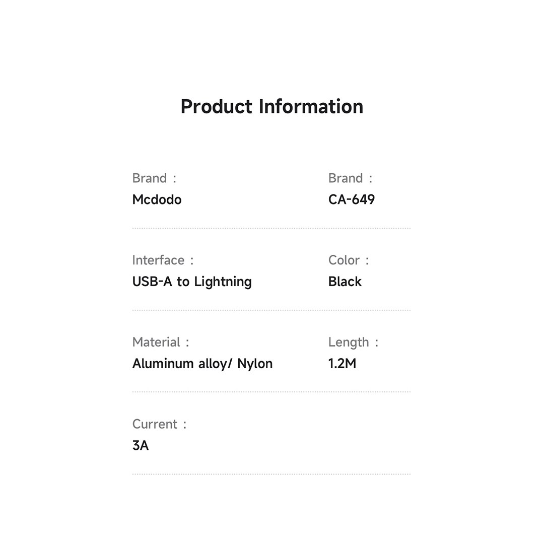مشخصات فنی کابل شارژ سریع USB به لایتنینگ 12 وات 3 آمپر مک دودو CA-649 دارای نمایشگر