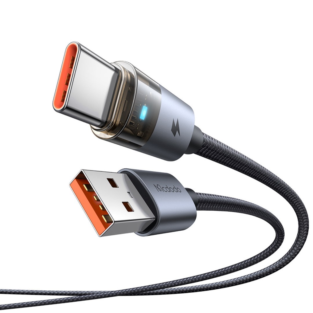 کابل شارژ سریع USB-A به تایپ سی 100 وات 6 آمپر شفاف مک دودو مدل CA-689 دارای ال ای دی