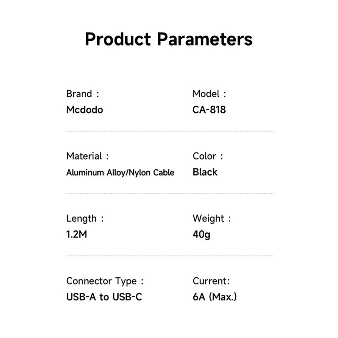 کابل شارژ سریع USB به تایپ سی 6 آمپر مک دودو مدل CA-818