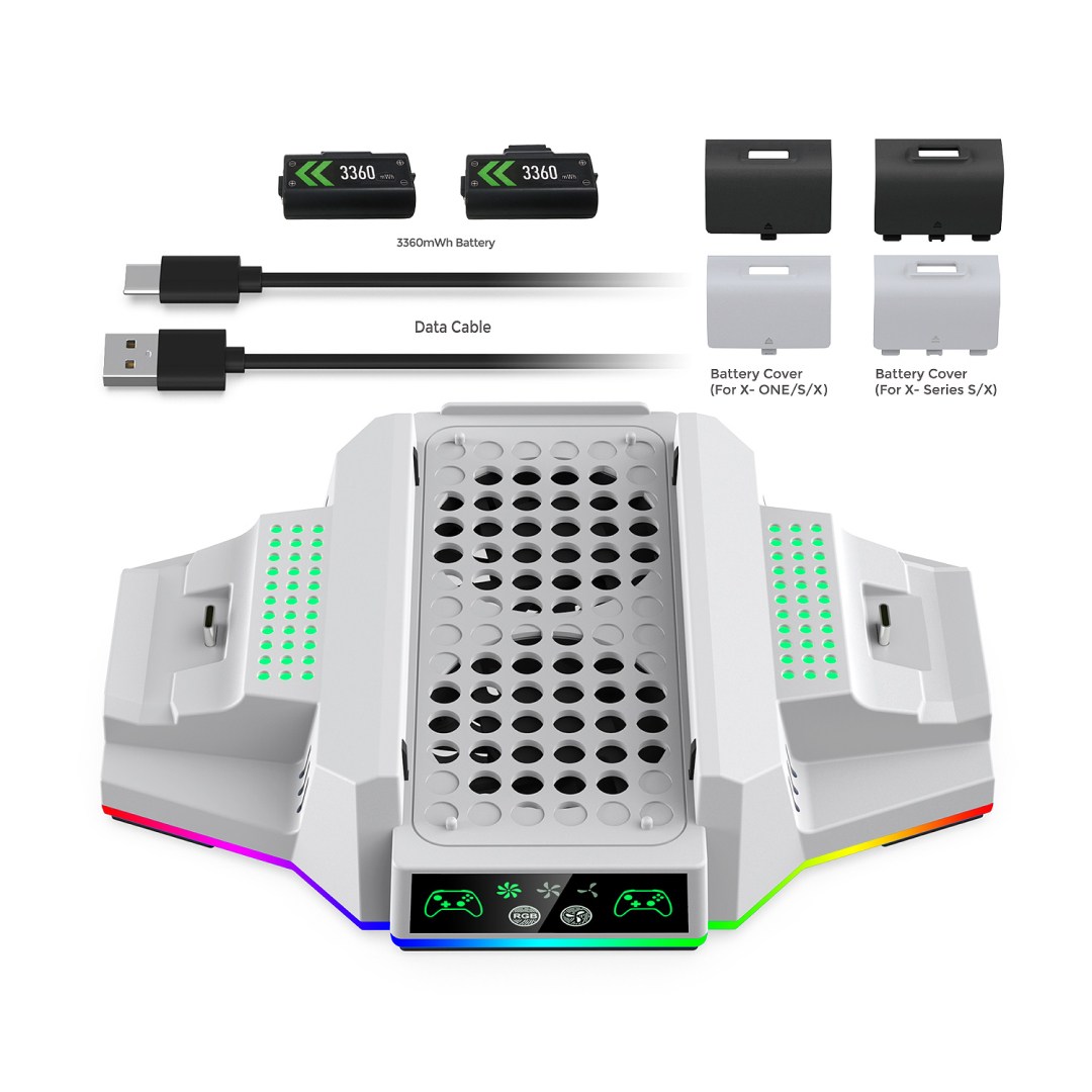 فن خنک کننده و پایه شارژر RGB دابی مدل TYX-3612 برای Xbox Series S رنگ سفید با کابل دیتا و باتری