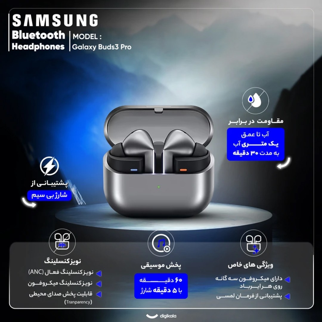 عکس هندزفری بلوتوثی سامسونگ Galaxy Buds3 Pro مشخصات ایرپاد بلوتوثی سامسونگ مدل Galaxy Buds3 Pro