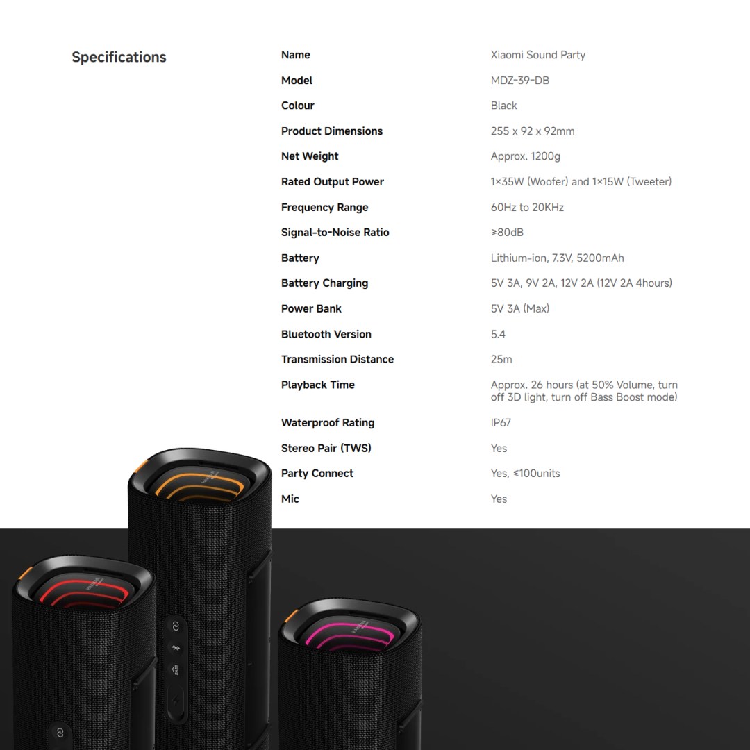مشخصات ویژگی‌های اسپیکر بلوتوثی شیائومی Sound Party مدل MDZ-39-DB با توان ۵۰ وات