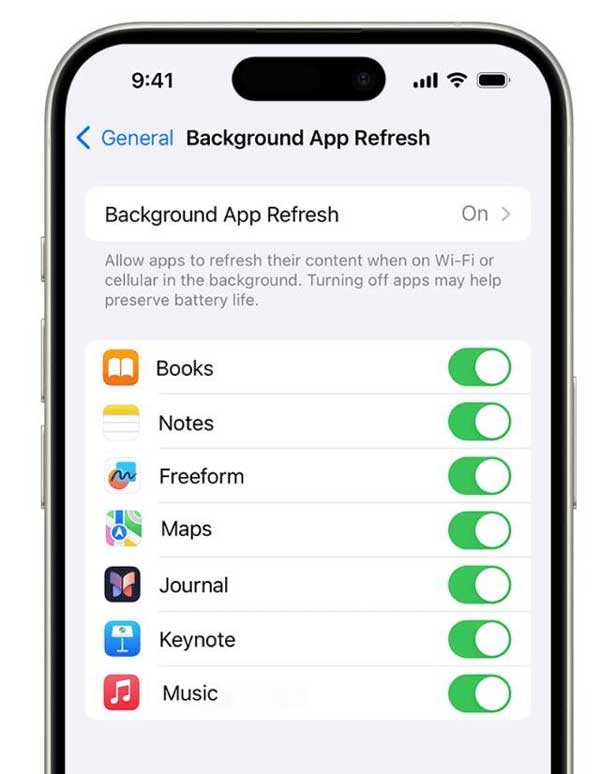 راهنمای باتری آیفون: تنظیمات به‌روزرسانی برنامه در پس‌زمینه در تنظیمات IOS